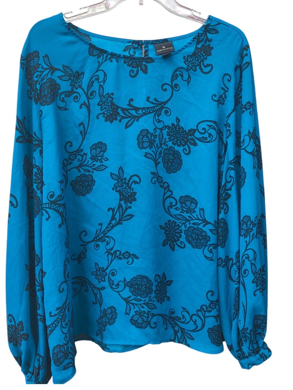 Worthington XXL Teal Blue Floral Print Lightweight Long Sleeve Blouse Tunic